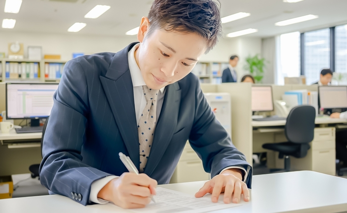 オフィスで書類記入をしているビジネスパーソン